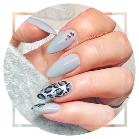 Silver metallic nails with animal print and Autumn leaves Silver metallic nails