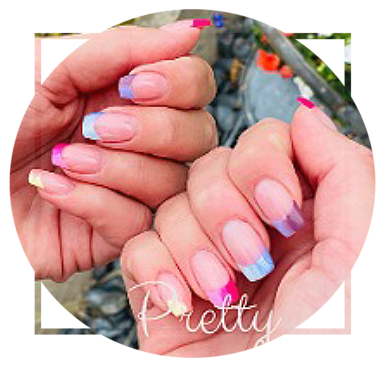 Clear coated nails with faded mauve light blue and red painted tips Clear nails with faded colour tips